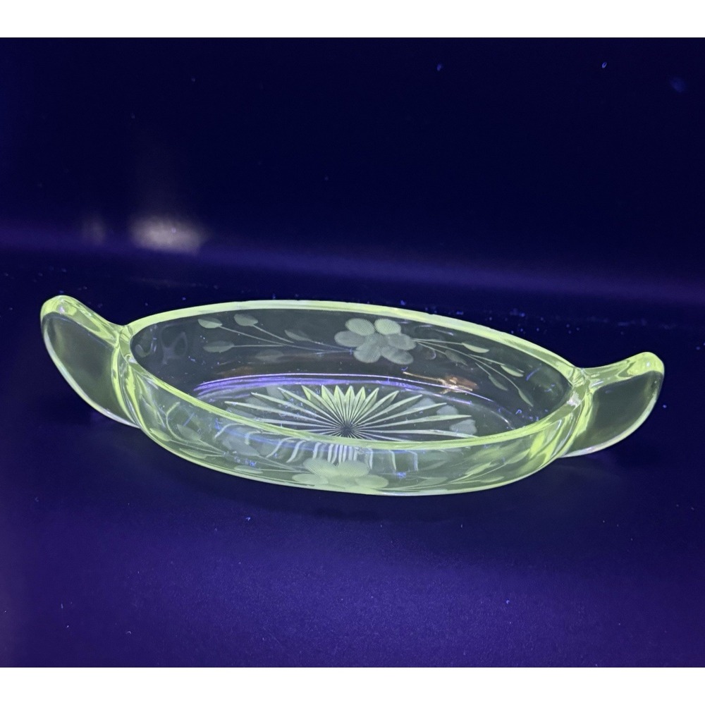 Vtg Manganese Cut Glass Canoe Floral Handled Pickle Nappy Dish Relish‎ Bowl MCM